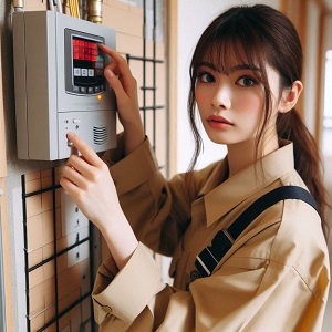 自動火災報知設備の設置工事をする日本人