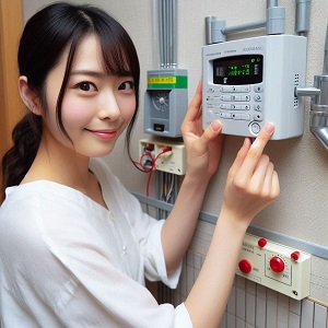 自動火災報知設備の設置工事をする日本人