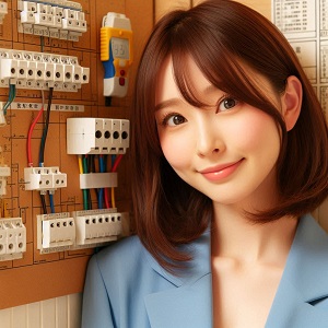 盤を工事する女性電気工事士
