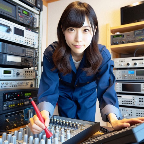 A Japanese female electrician working on broadcasting equipment
