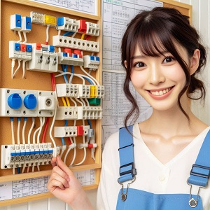 盤を工事する女性電気工事士