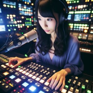 日本人の女性が放送設備の工事をする様子