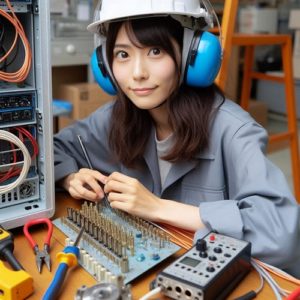 日本人の女性電気工事士が放送設備の工事をする様子