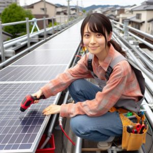 日本人の女性電気工事士が屋根上の太陽光設備の工事