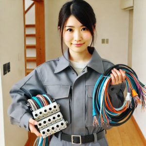 電線ケーブルを持つ日本人の女性電気工事士
