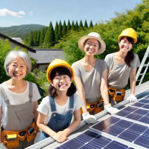 太陽光モジュールと日本人の女性