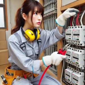 電線ケーブルを持つ日本人の女性電気工事士