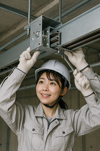 バスダクトの施工をする日本人のかわいい女性電気工事士